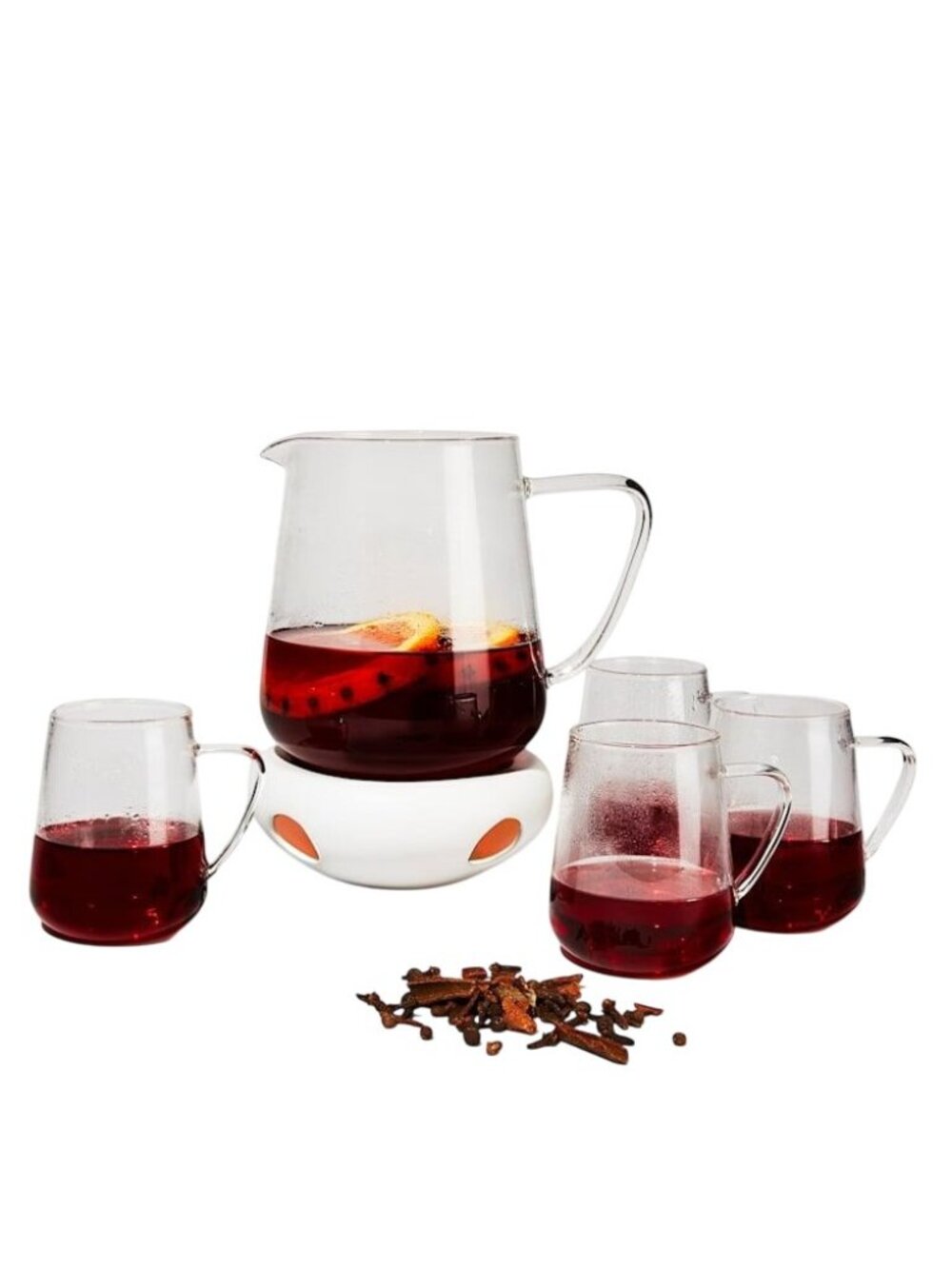 Litton Mulled Wine Set Glass and Porcelain 46oz Pitcher 4 Mugs Cocoa Tea Coffee